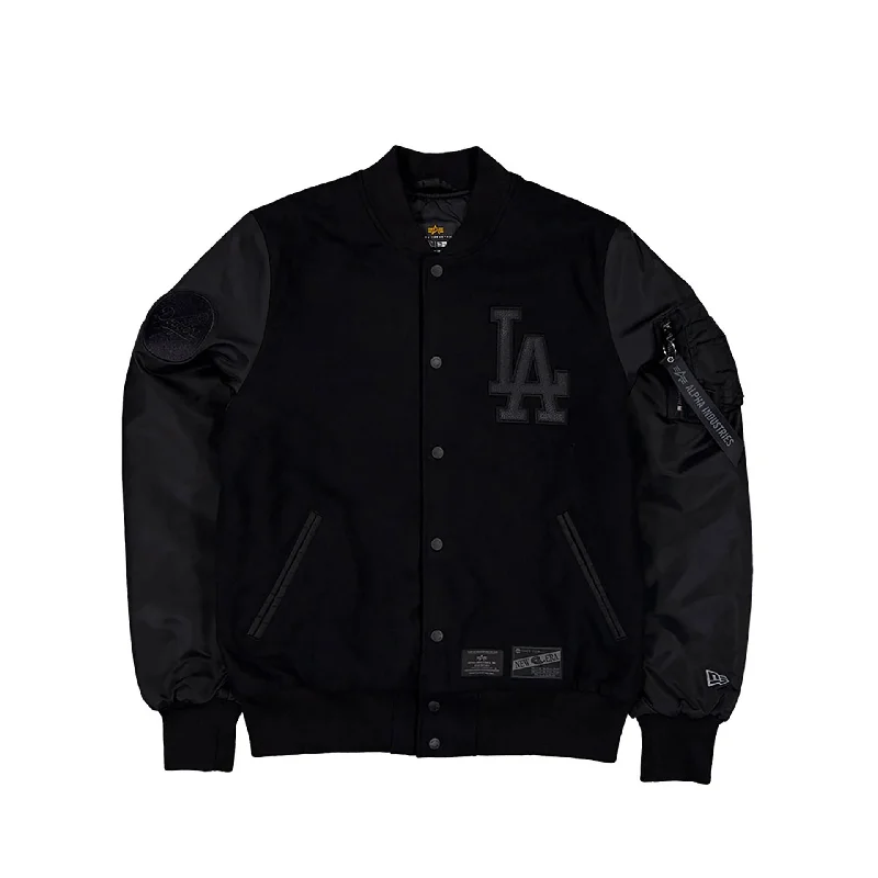 Comfortable Sweatshirt Jacket-LA Dodgers MLB x Alpha Industries Black On Black Varsity Jacket