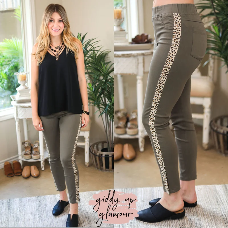 Fashionable Jogger Pants-Subtle Charm Skinny Leg Pants with Leopard Side Stripe in Olive Green