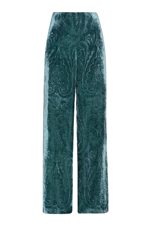 Soft Knit Pants-Wide Leg Trousers in Teal Paisley Printed Velvet - Paloma