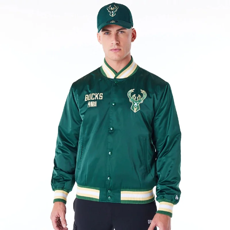 Sports Performance Jacket-Milwaukee Bucks NBA Satin Dark Green Bomber Jacket