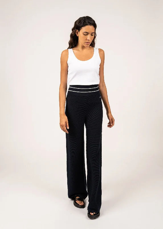 Premium Travel Pants-PONTON - Wide Knit Pants by Isabelle Ballu | 100% Cotton (NAVY / IVORY)