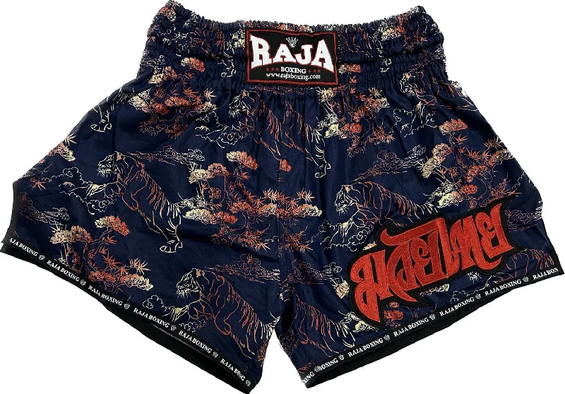 Cool Graphic Design Shorts-Raja Muay Thai Shorts Tiger Dark Blue