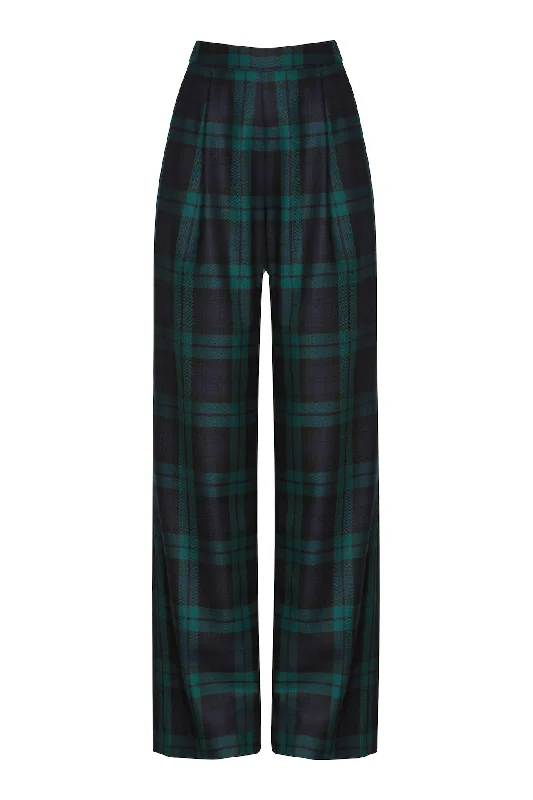 Casual Outdoor Pants-Wide Leg Trousers in Black Watch Worsted Tartan - Portia