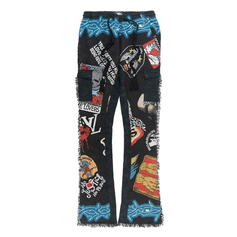 Casual Fit Pants-F1755 Brave Heart Tapestry Stacked Pants - Black