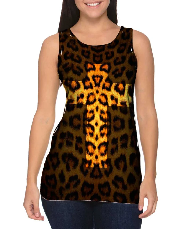 Bold Text Graphic Tank-Cross Leopard Animal Skin