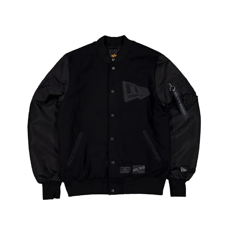 Stylish Sherpa Fleece Jacket-New Era x Alpha Industries Black Varsity Jacket