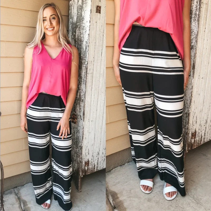 Lightweight Running Pants-Keep Up Striped Wide Leg Pants in Black and White