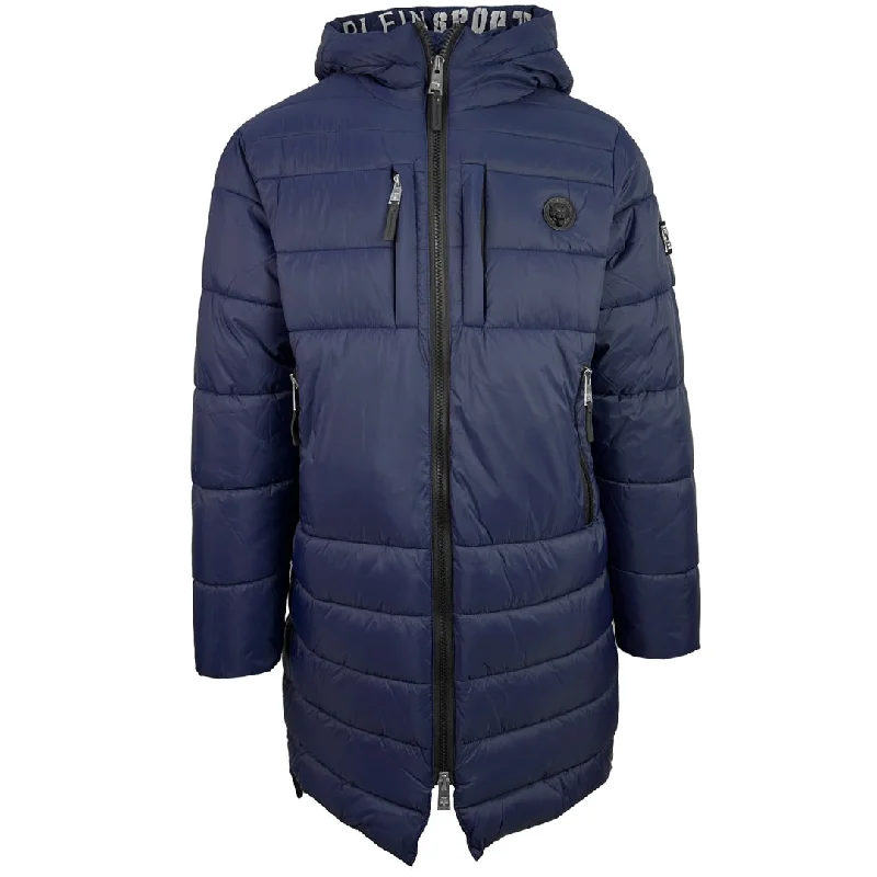 Casual Outdoor Zip Jacket-Plein Sport Padded Small Circular Logo Branded Navy Blue Long Jacket