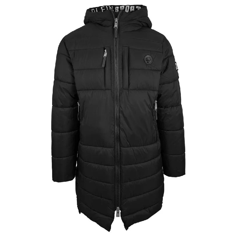 Insulated Winter Jacket-Plein Sport Padded Small Circular Logo Branded Black Long Jacket