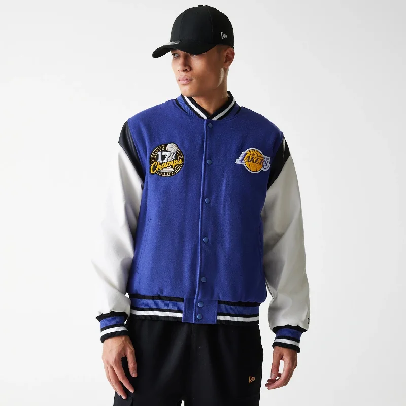 Performance Ski Jacket-LA Lakers NBA Floral Dark Blue Varsity Jacket