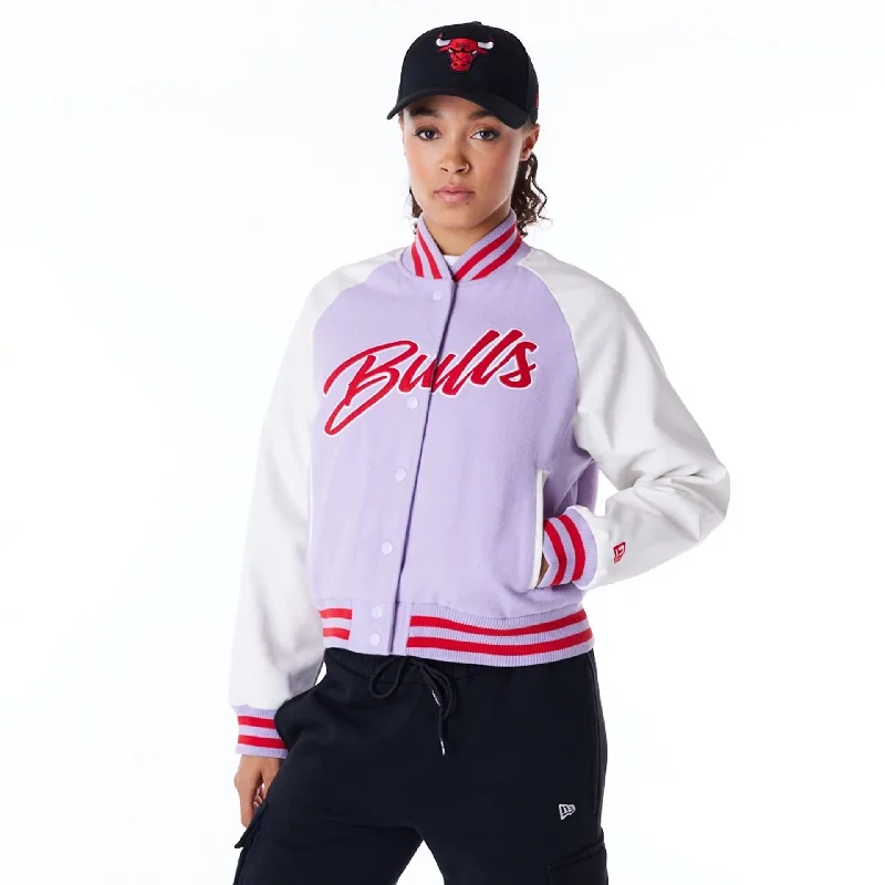 Stylish Moto Jacket-Chicago Bulls Womens NBA Pastel Purple Varsity Jacket