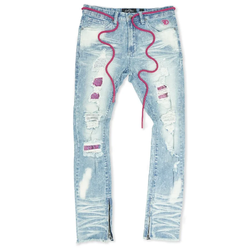 Vintage Sports Pants-F1756 Denim Jeans w/ Rhinestones & Bottom Leg Zipper - Light Wash/Pink