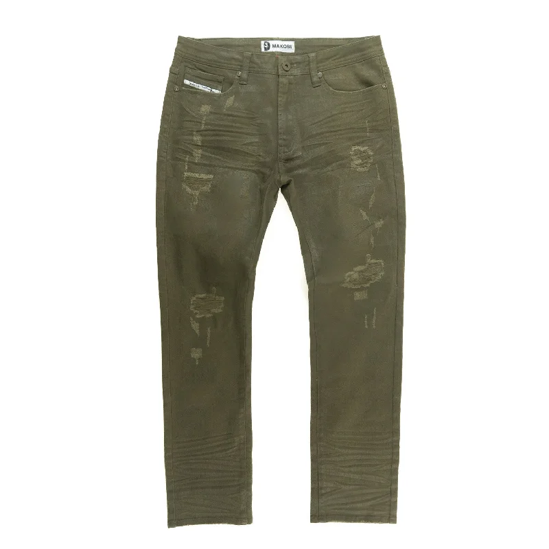 Stylish Casual Pants-M1901 Makobi Segreto Waxed Jeans - Dark Olive