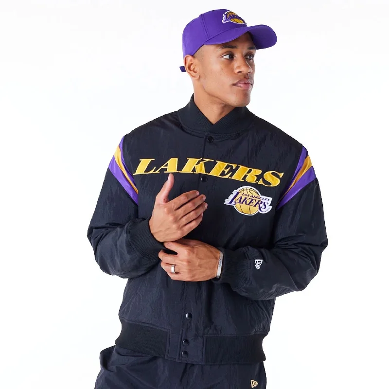 Outdoor Adventure Jacket-LA Lakers NBA Panel Black Bomber Jacket