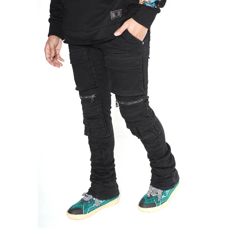 Casual Fit Running Pants-F1728 Cargo Stack Jeans - Black/Black