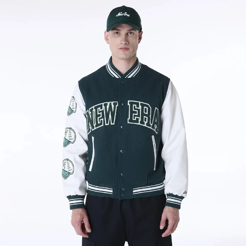 Cozy Casual Jacket-New Era Patch Dark Green Varsity Jacket