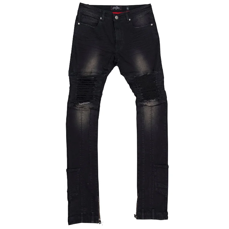 Urban Fashion Pants-F1748 Shredded Biker Denim Jeans w/ Bottom Leg Zipper | 40-inch Inseam - Black