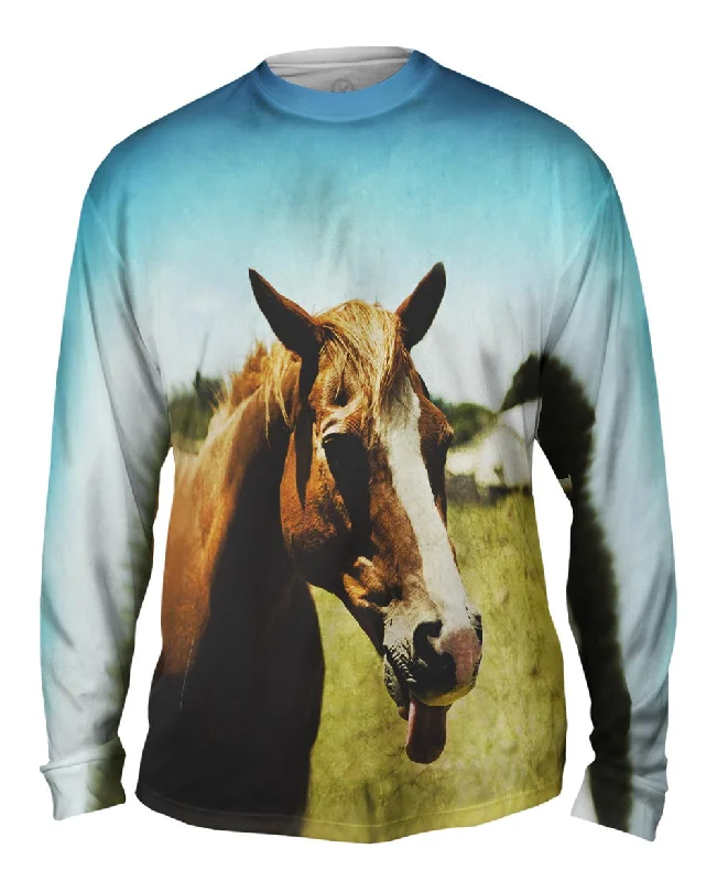 Soft Knit Long Sleeve Shirt-Funny Tongue Horse