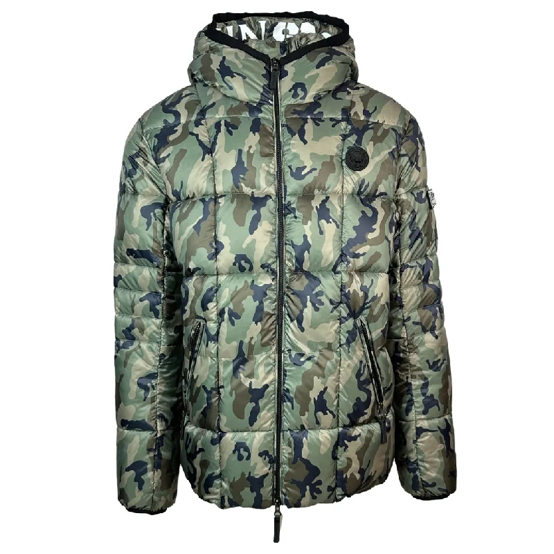 Fashionable Rain Jacket-Plein Sport Small Circle Logo Quilted Camo Green Jacket