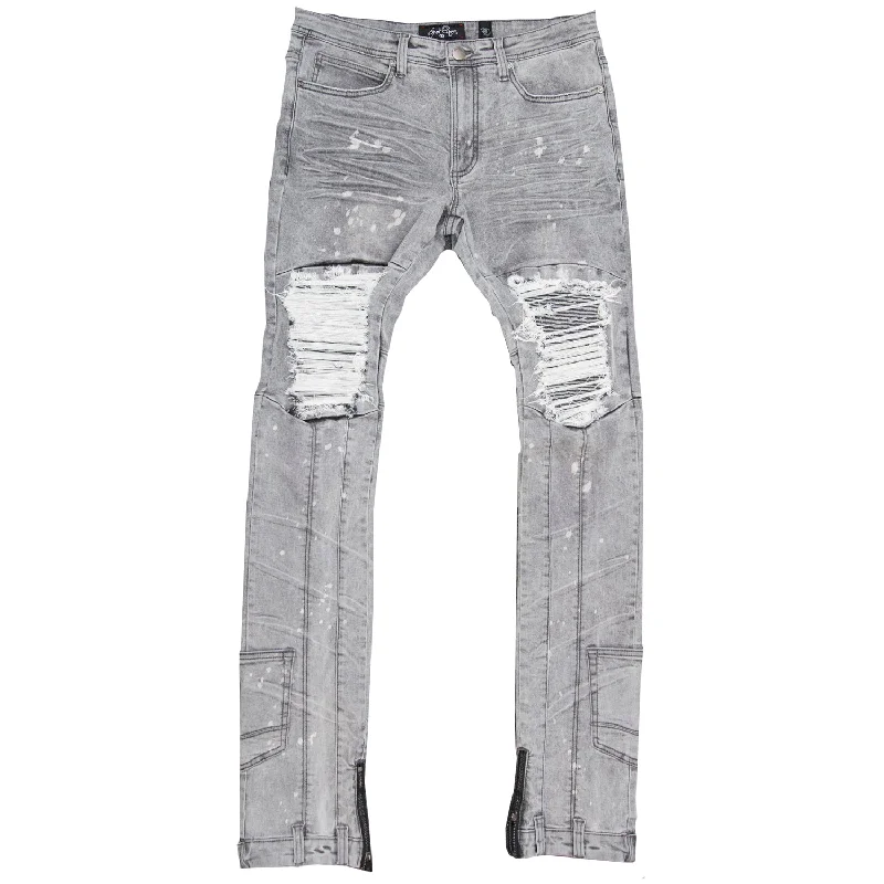 Fun Graphic Pants-F1748 Shredded Biker Denim Jeans w/ Bottom Leg Zipper | 40-inch Inseam - Gray