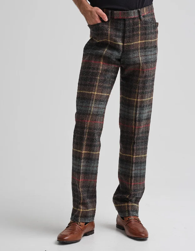 Lightweight Hiking Pants-Hunting Brown Check Wool Trousers GOLD