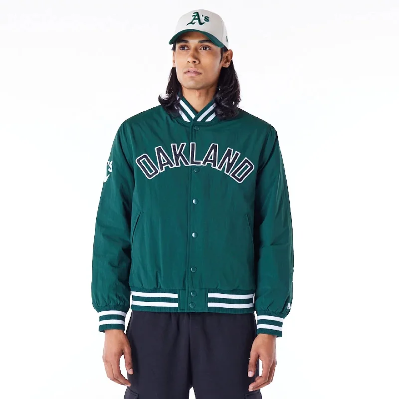 Casual Outdoor Zip Jacket-Oakland Athletics MLB Wordmark Dark Green Bomber Jacket