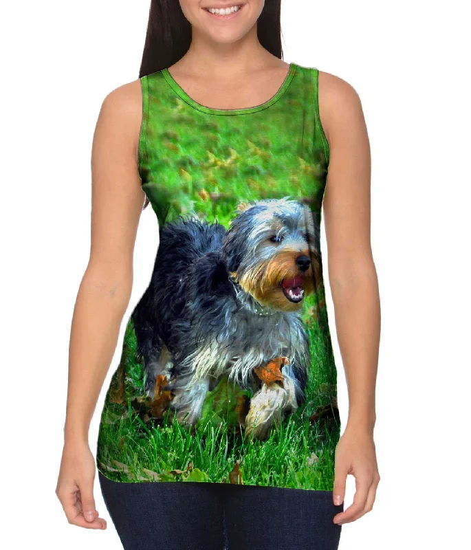 Trendy Solid Color Tank-Curly Haired Yorkie Running