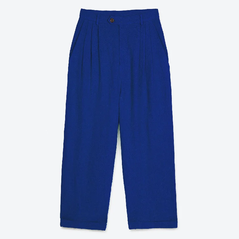 Trendy Patterned Pants-Lowie Linen Viscose Royal Blue Pleat Trouser