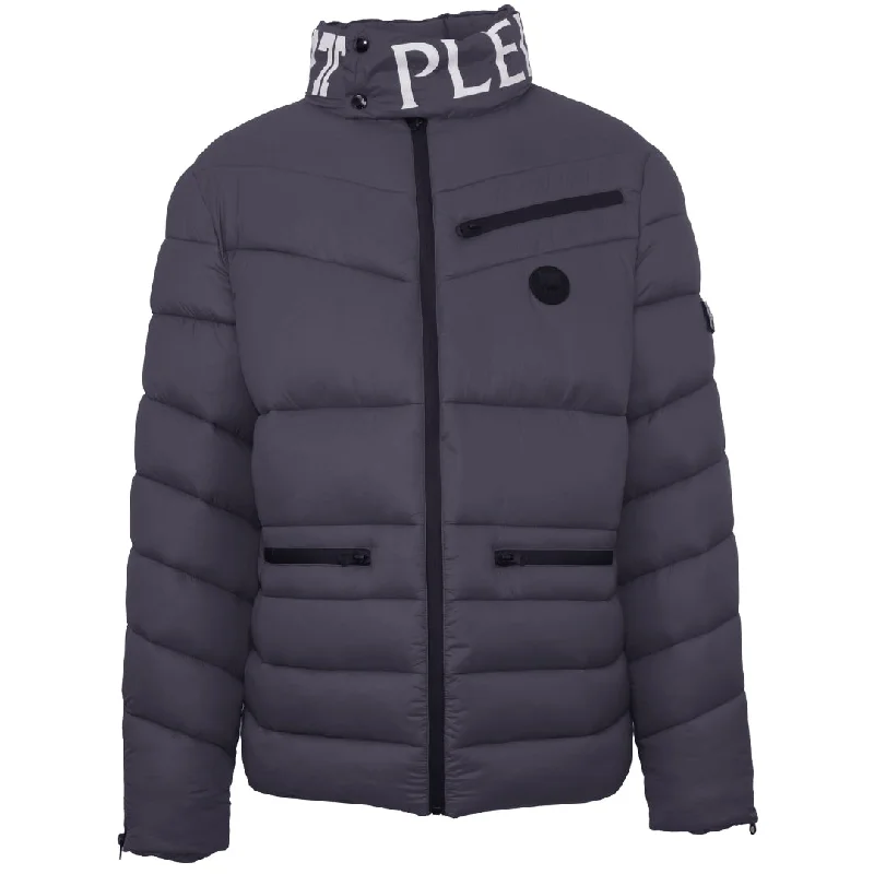 Fashionable Leather Jacket-Plein Sport Padded Bold Logo Grey Jacket