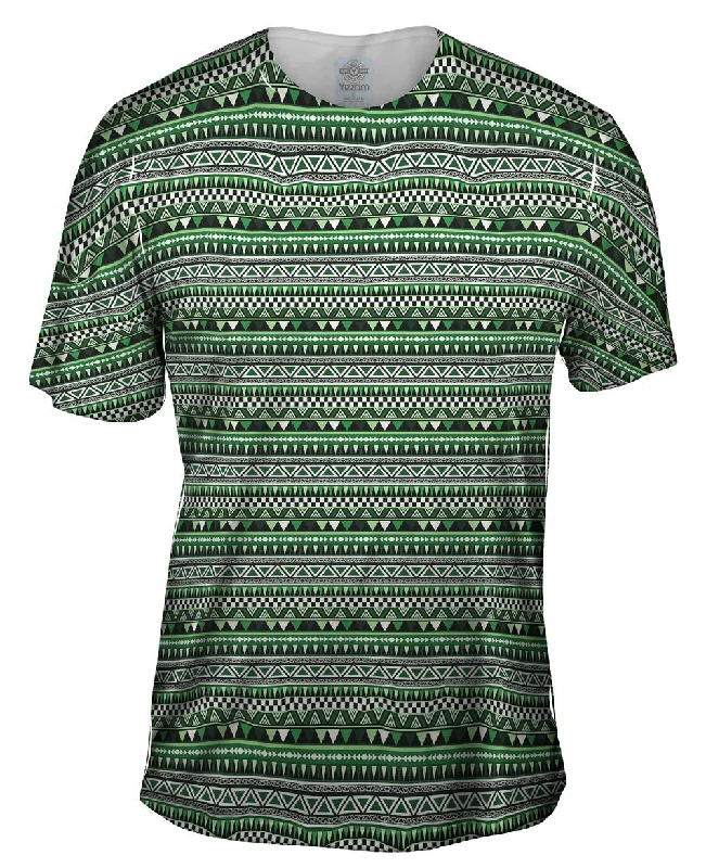 Bold Print T-shirt-Tribal Green Aztec Warrior