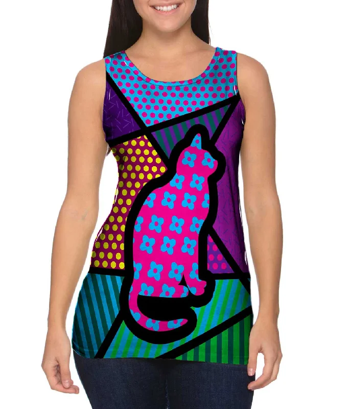 Casual Summer Tank Top-Cat on Pink and Blue