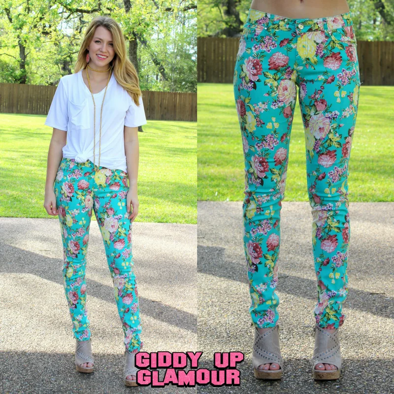 Breathable Sports Pants-Last Chance Size 1 & 3 | In Full Bloom Floral Printed Pants in Mint