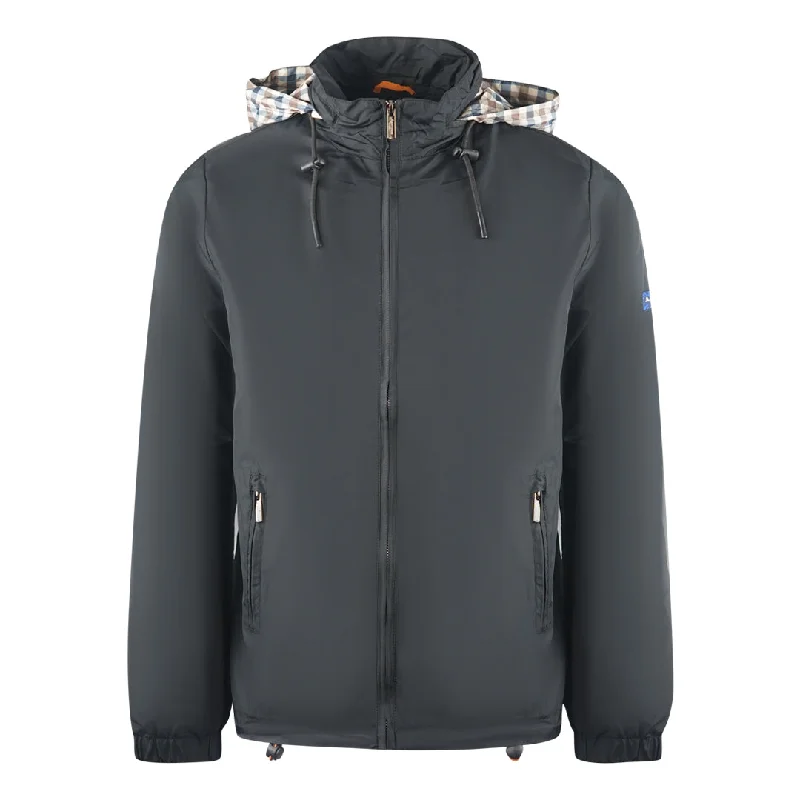 Stylish Moto Jacket-Aquascutum Plain Black Hide Hood Lightweight  Jacket