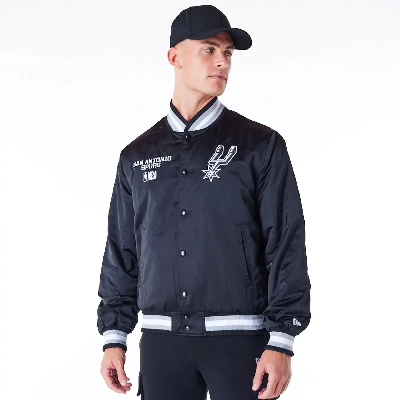 Windproof Outdoor Jacket-San Antonio Spurs NBA Satin Black Bomber Jacket