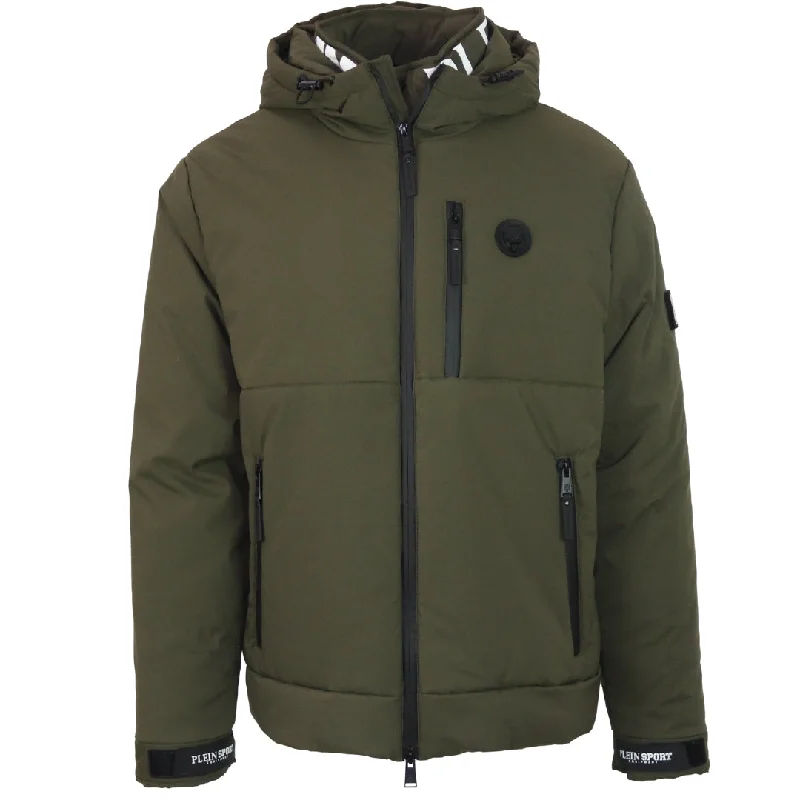 Soft Hooded Jacket-Plein Sport Padded Large Branded Logo Green Jacket