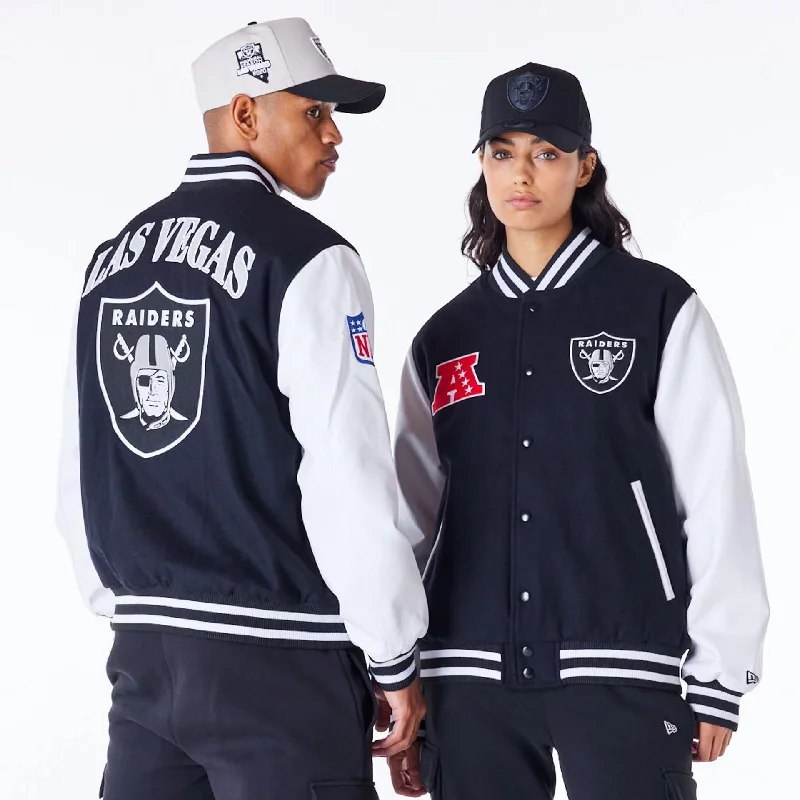 Sporty Zip Jacket-Las Vegas Raiders NFL Patch Black Varsity Jacket