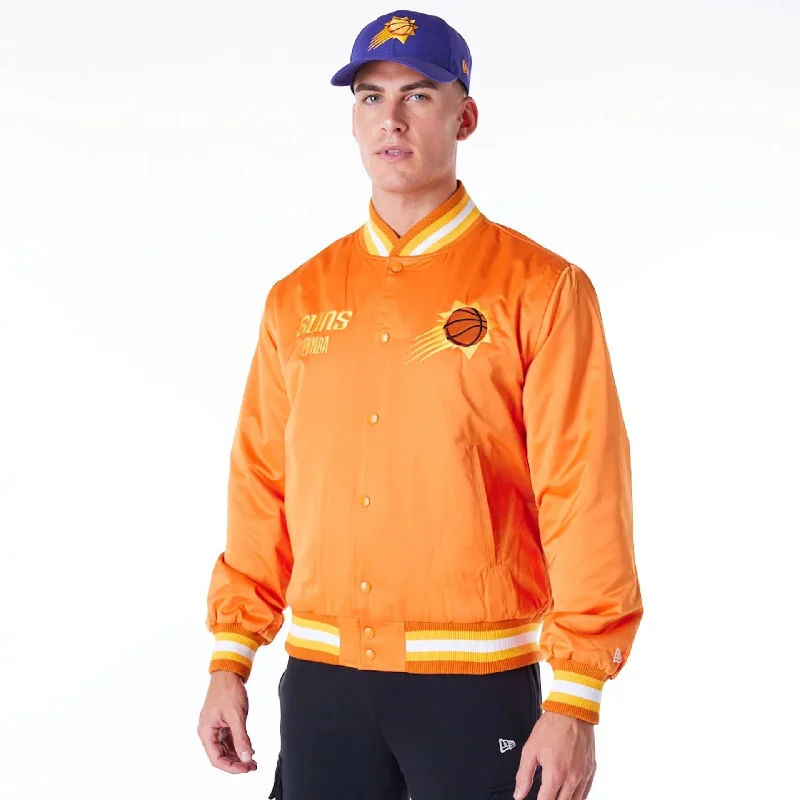 Fashionable Puffer Jacket-Phoenix Suns NBA Satin Orange Bomber Jacket