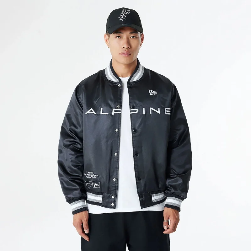 Stylish Zip-Up Jacket-BTW Alpine F1 Racing x San Antonio Spurs Black Satin Bomber Jacket