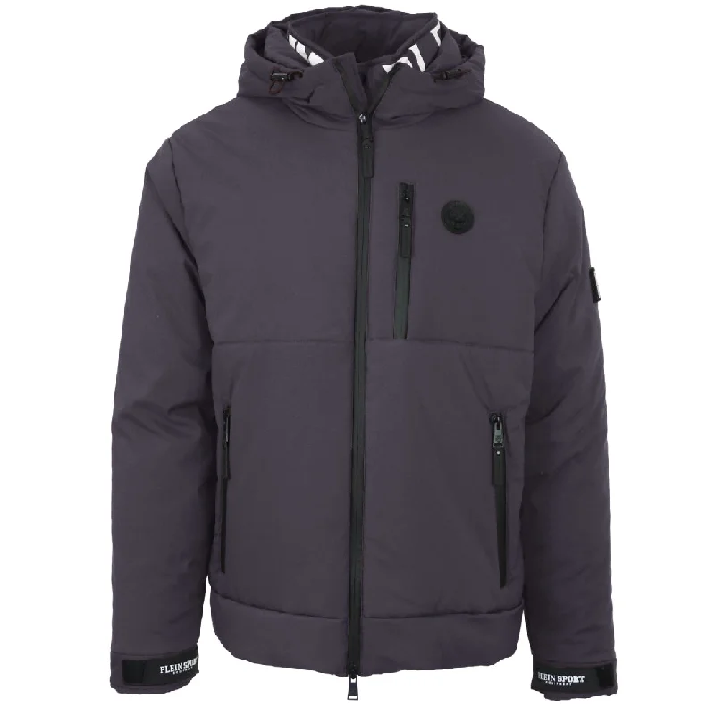 Warm Puffer Jacket-Plein Sport Padded Large Branded Logo Grey Jacket