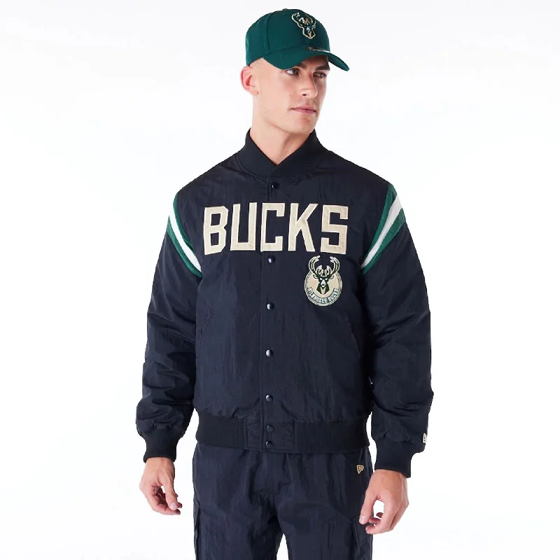 Athletic Running Jacket-Milwaukee Bucks NBA Panel Black Bomber Jacket