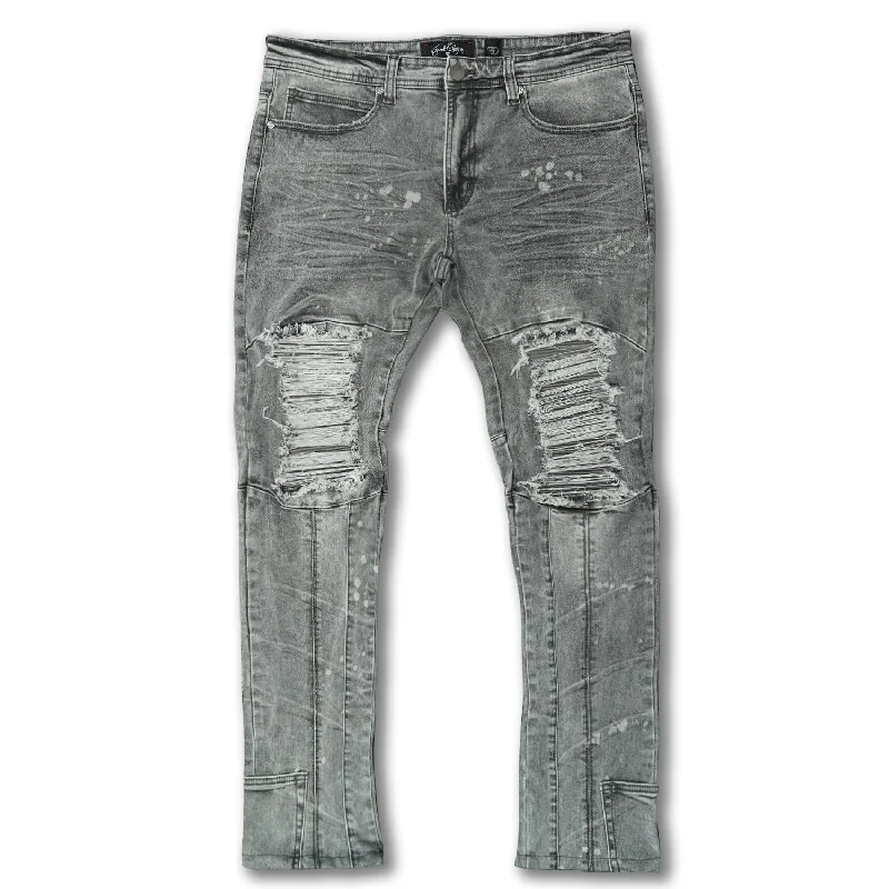 Custom Embroidered Joggers-F1748A Shredded Biker Denim Jeans w/ Bottom Leg Zipper | 32-inch Inseam - Gray