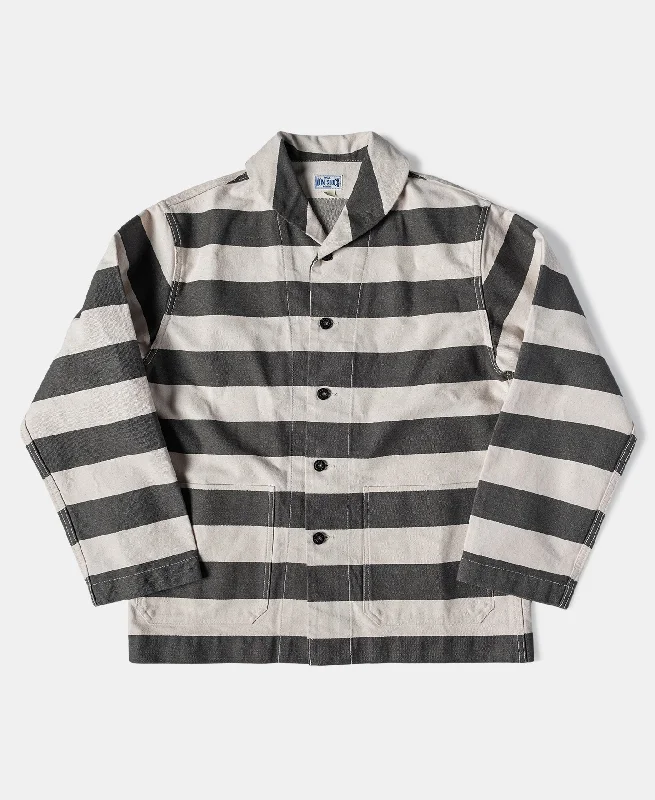 Fashionable Leather Jacket-Prison Stripe Shawl Collar Coverall Jacket